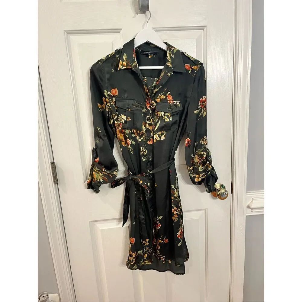 Jones New York Green Floral Satin Button Down Tie Belted Dress sz 8 EUC